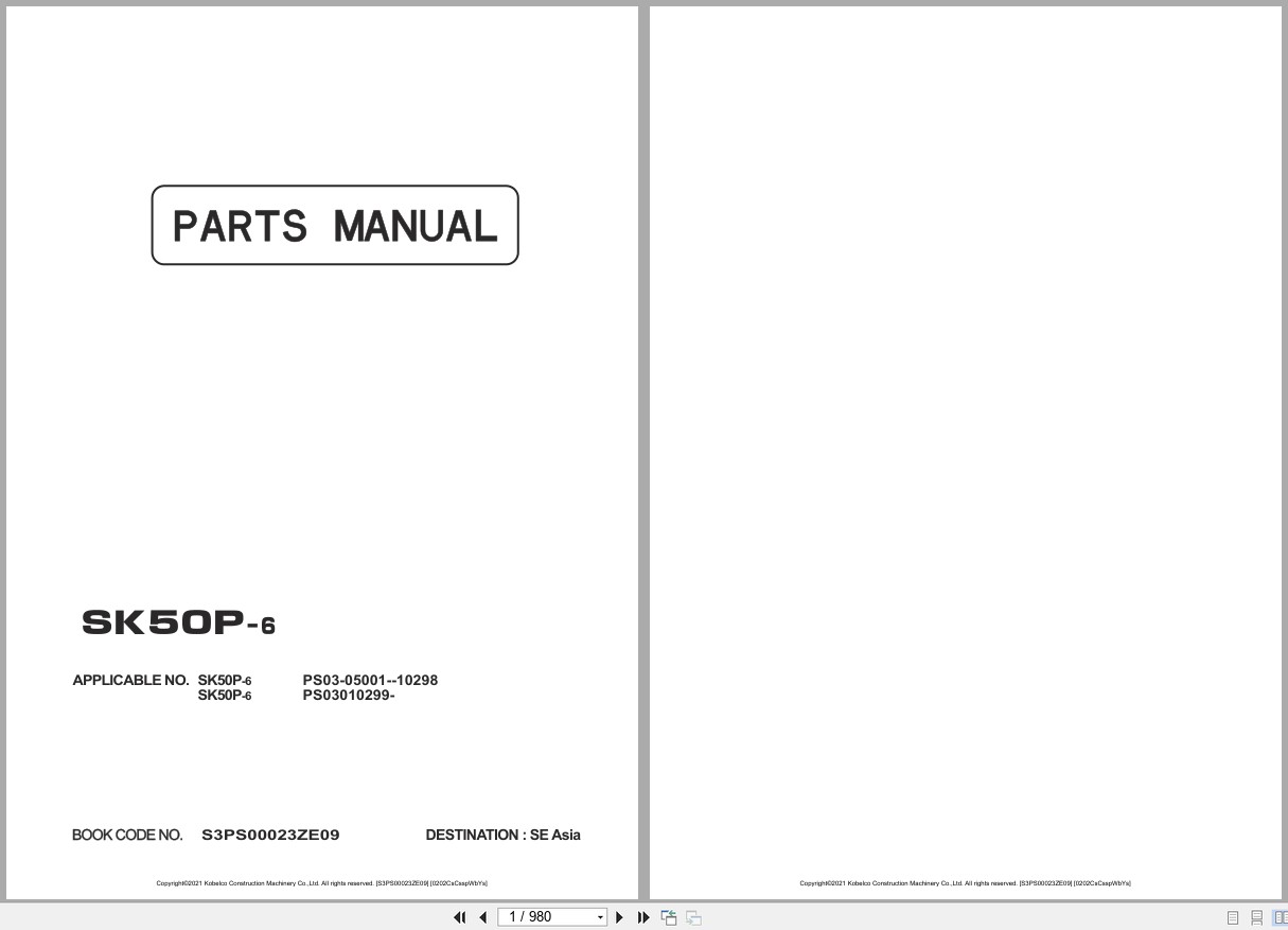 Kobelco Excavator SK50P 6 Parts Manual S3PS00023ZE09 EN JP 1