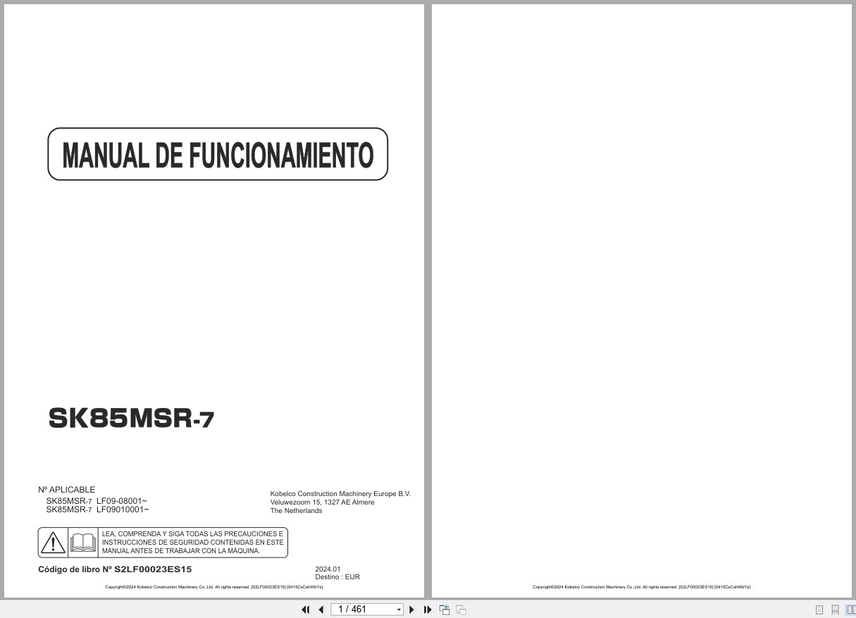 Kobelco Excavator SK85MSR 7 Operators Manual S2LF00023ES15 ES 1