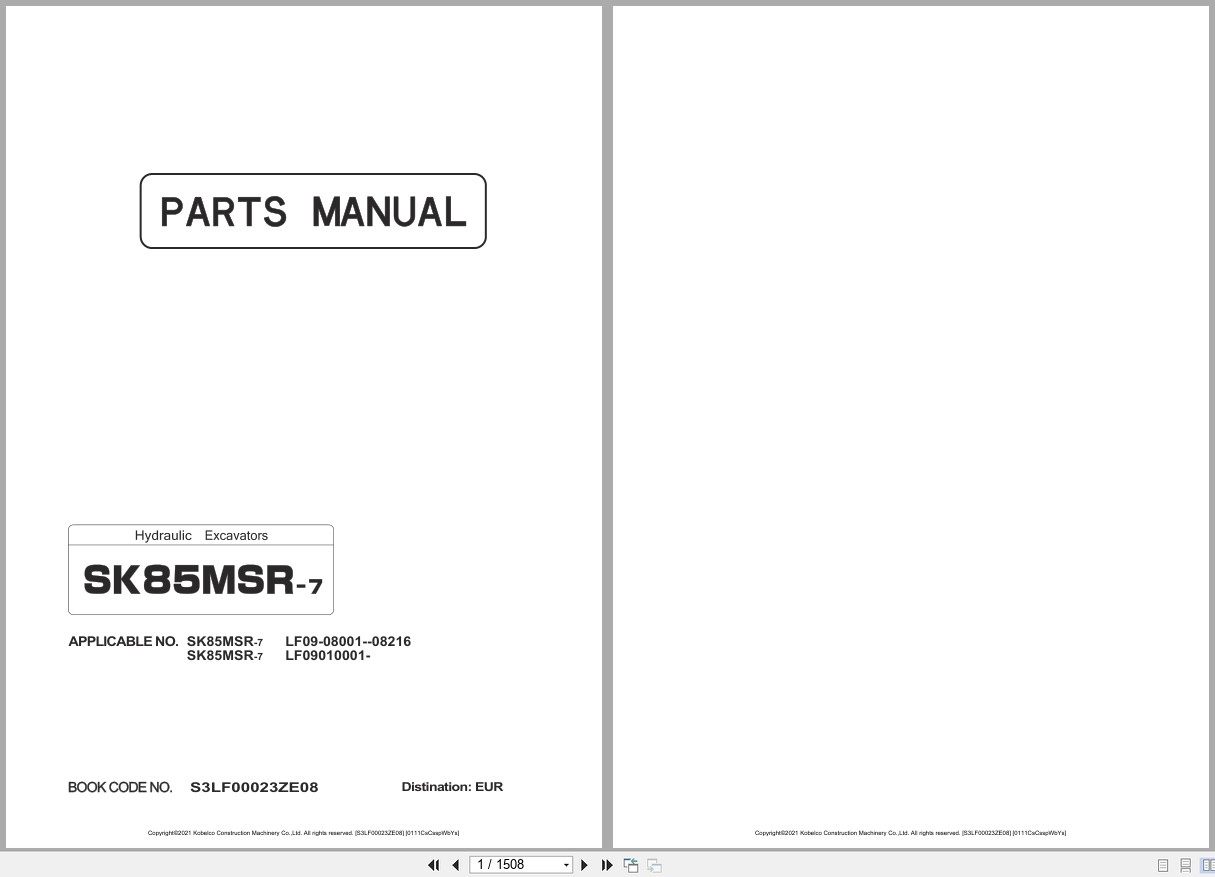 Kobelco Excavator SK85MSR 7 Parts Manual S3LF00023ZE08 EN JP 1