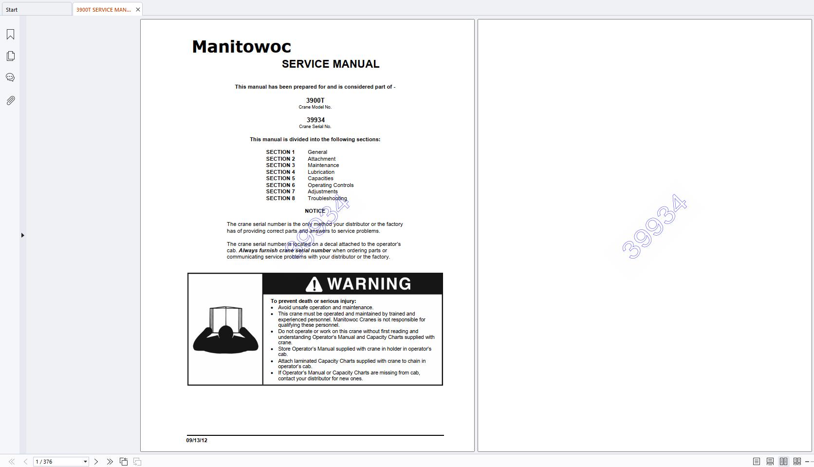 Manitowoc Crawler Crane 3900T Service Parts Operators Manual Load Charts 1