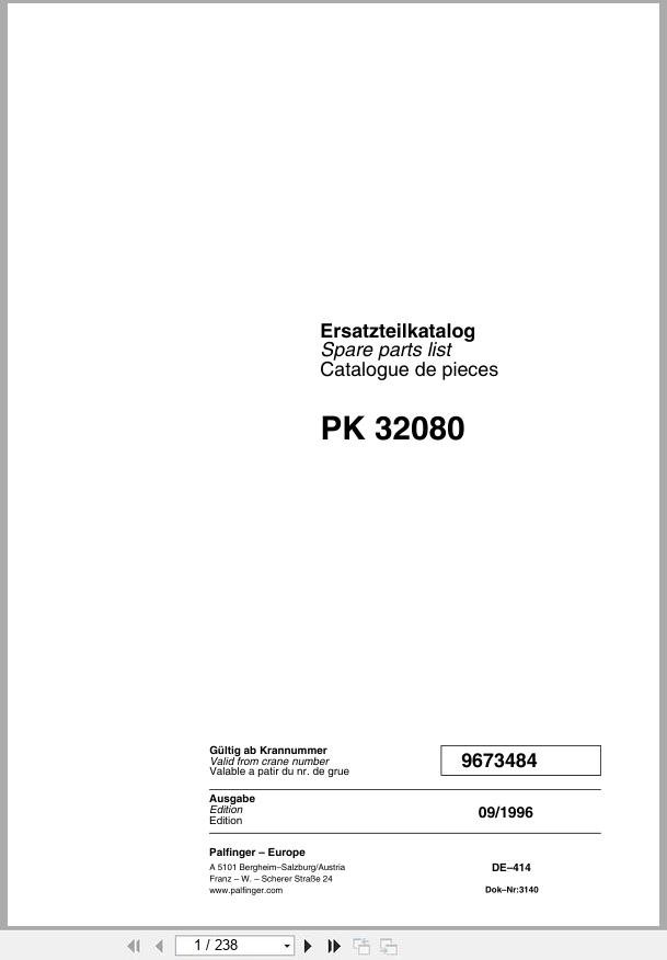 Palfinger Crane PK 32080 Parts Manual 9673484 1