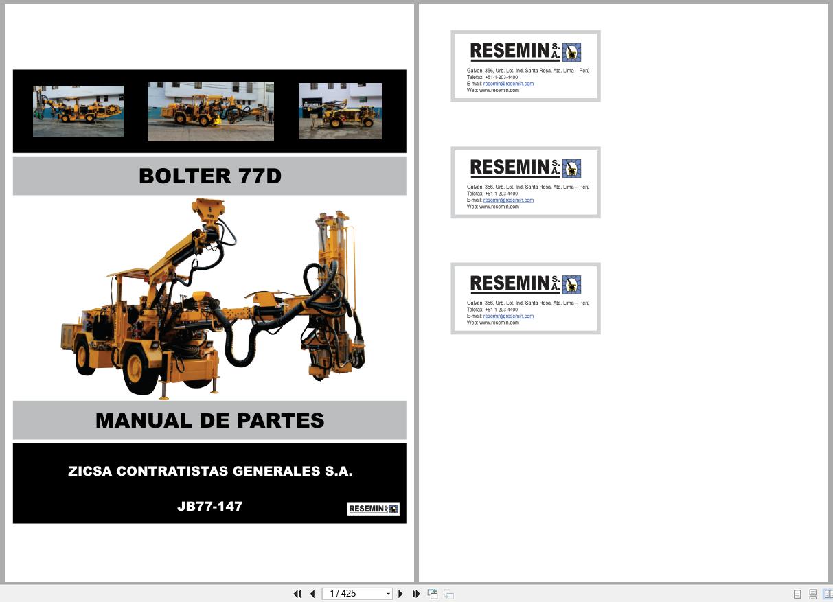 Resemin Bolting Rig Bolter 77D JB77 147 Parts Manual ES 1