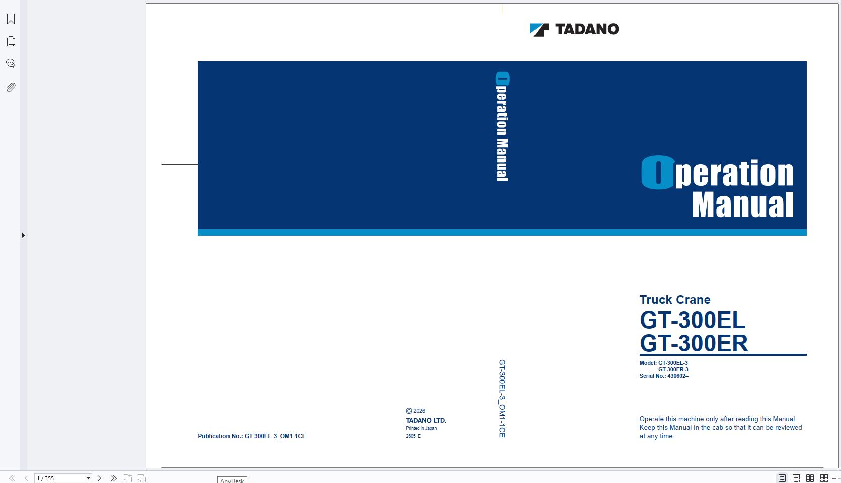 Tadano Crane GT 300EL 3 Operation Manual GT 300EL 3 OM1 1CE 2026 (1)
