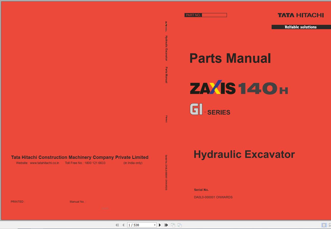 Tata Hitachi Excavator ZX140H GI Series Parts Manual 1