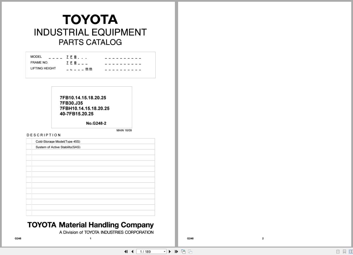 Toyota Forklift 7FB Series 7FB10 to 40 7FB25 Parts Catalog G428 2 1