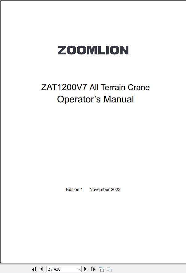 Zoomlion All Terrain Crane ZAT1200V7 Operation Manual 2023 1