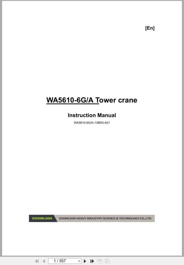 Zoomlion Tower Crane WA5610 6G WA5610 6A Instruction Manual 1 Zoomlion Tower Crane Wa5610 6G Wa5610 6A Instruction Manual 1