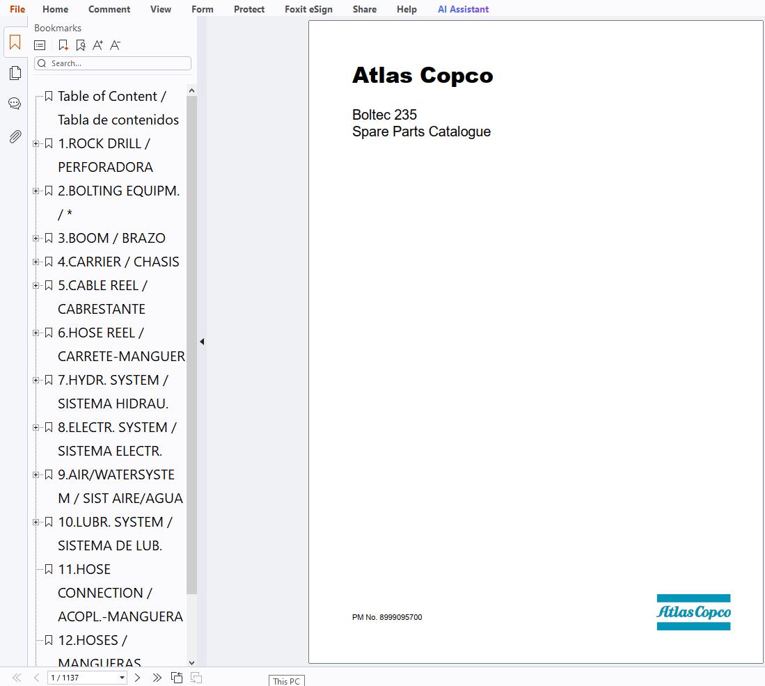 Atlas Copco Drilling Rig Boltec 235 Spare Parts Catalog 8999095700