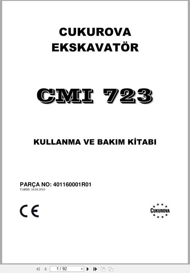 Cukurova Excavator CMI723 Operation Maintenance Manual 401160001R01 TR