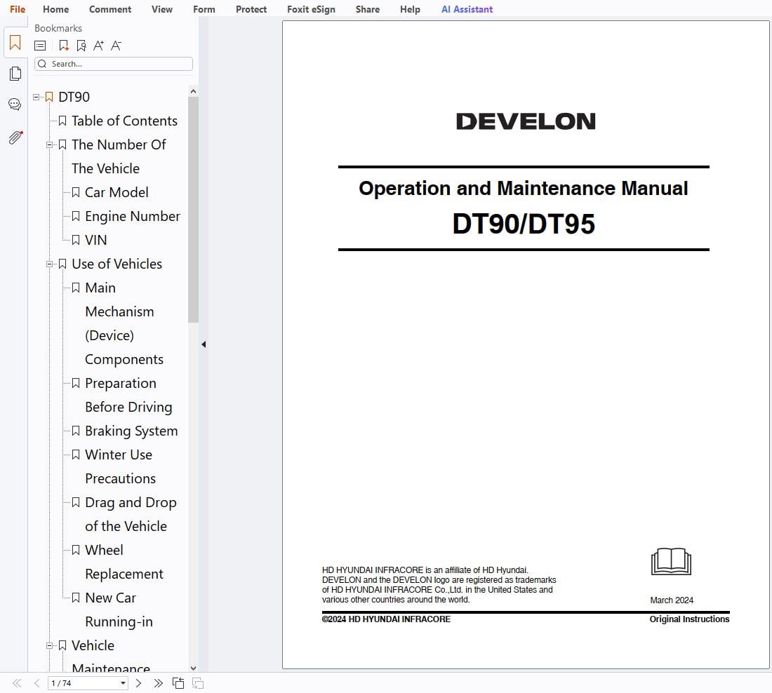 Develon Dump Truck DT90 DT95 Operation and Maintenance Manual 2024