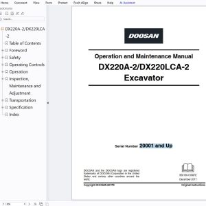 Develon Excavator Dx220A-2 Dx220Lca-2 Operation And Maintenance Manual 950106-01987E - Image 1