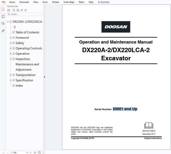 Develon Excavator Dx220A-2 Dx220Lca-2 Operation And Maintenance Manual 950106-01987E
