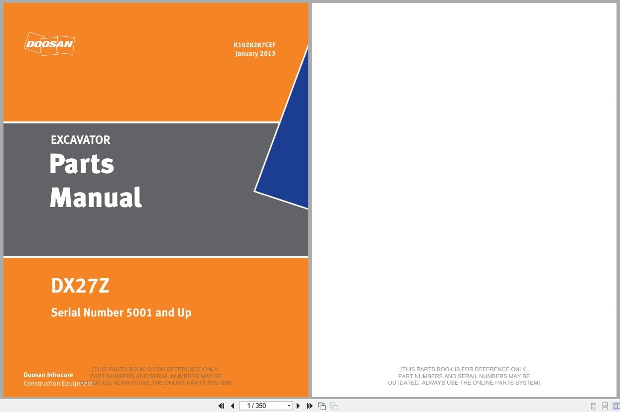 Doosan Excavator DX027Z Parts Manual K1028287CEF 2013