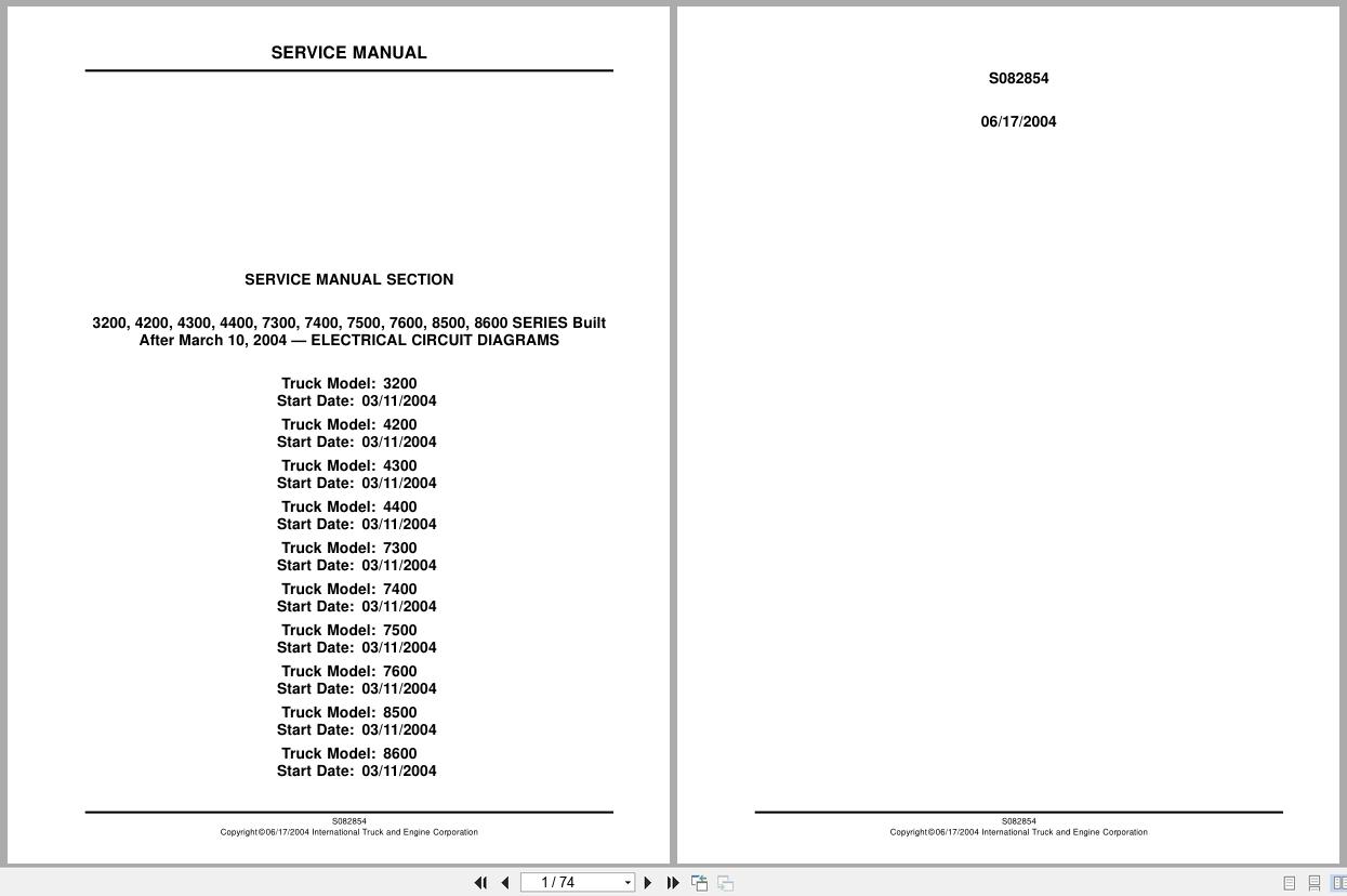 International Truck 3200 to 8600 Series Electrical Circuit Diagram S082854