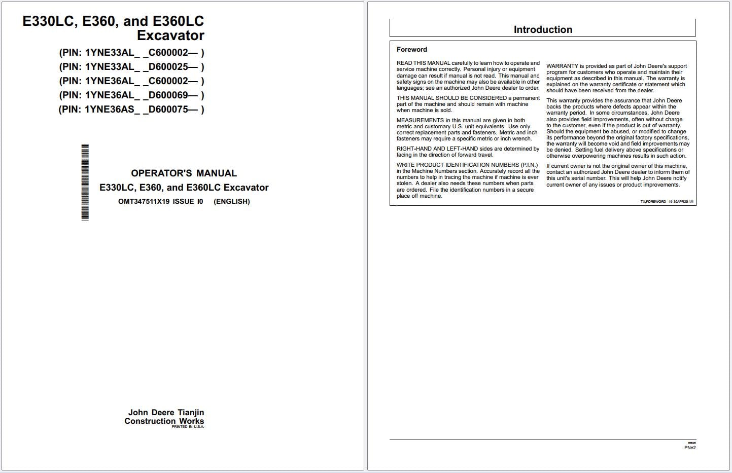 John Deere Excavator E330LC E360 E360LC Operators Manual OMT347511X19