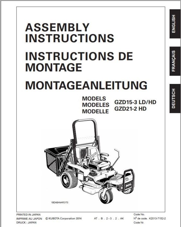 Kubota Mower Gzd15-3Ld Gzd15-3Hd Gzd21-2Hd Assembly Manual K2013-7152-2