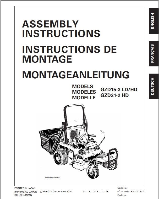 Kubota Mower GZD15-3LD GZD15-3HD GZD21-2HD Assembly Manual K2013-7152-2