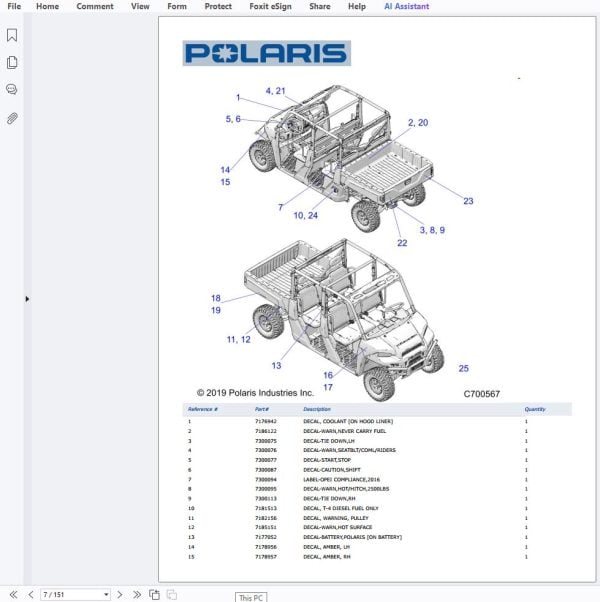 Polaris Utility Vehicle Pro Xd 4000D D21Bepd4B4 Spare Parts Catalog 2021