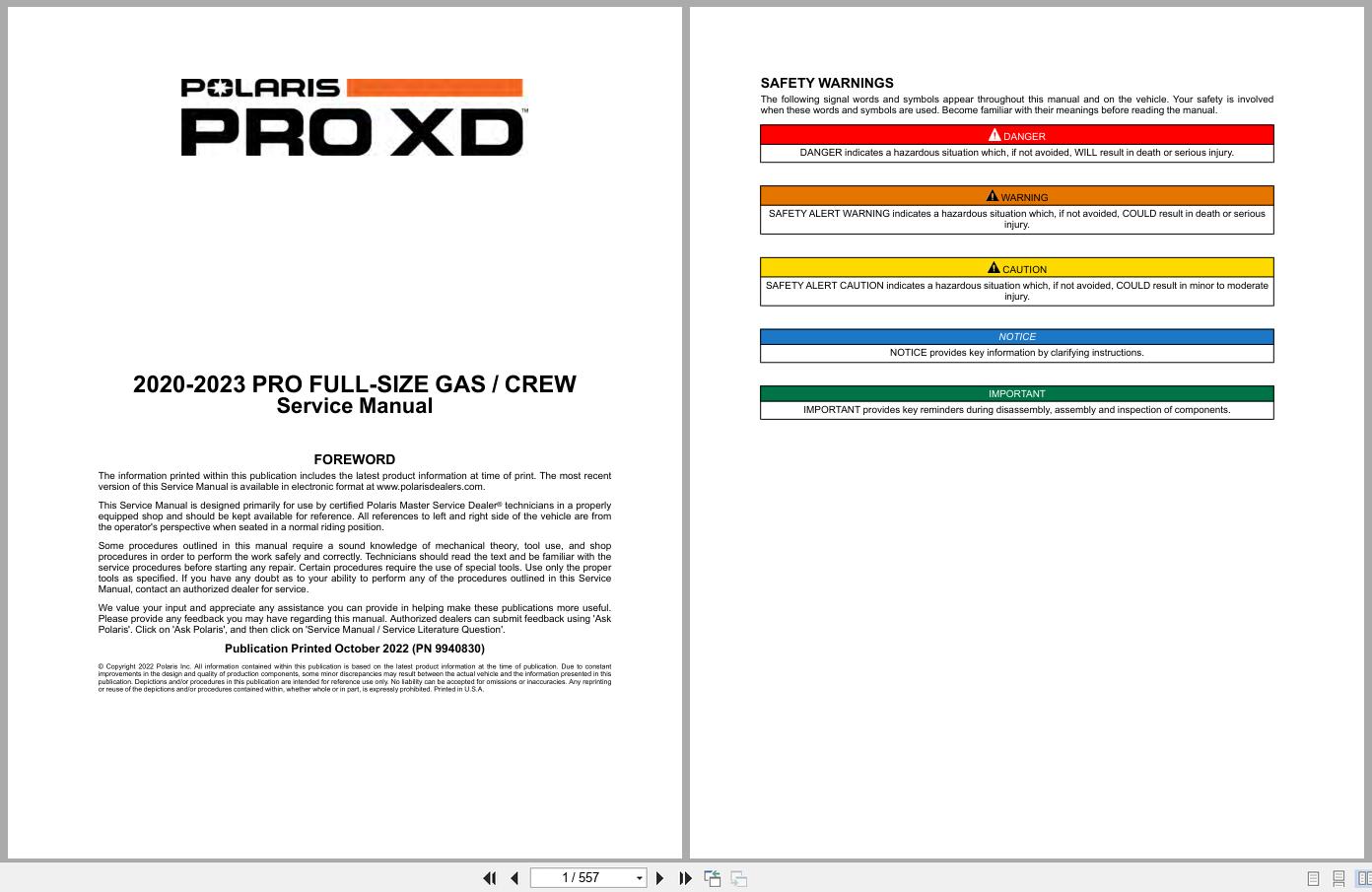 Polaris Utility Vehicle Pro XD Full-Size Gas Crew 2020-2023 Service Manual